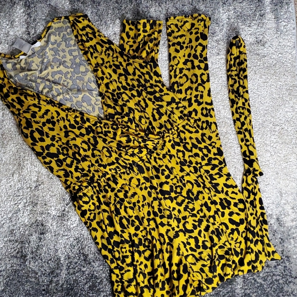 Yellow Leopard Print Jumpsuit W/ Tie Belt